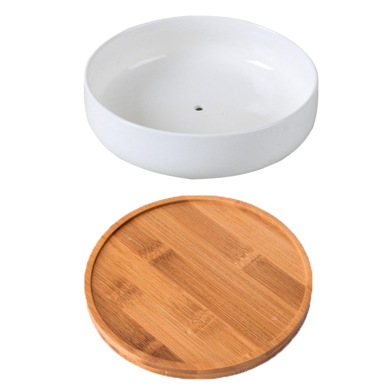 Pot de fleurs en céramique blanche ronde avec plateau en bambou pour plantes