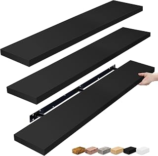 Sorbus 55-Inch Black Floating Wall Shelves 3-Pack - Hidden Brackets, 22lb Capacity Bathroom Bedroom Kitchen Storage Decor