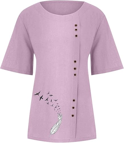 Miniatura 4 de Blusa casual holgada de algodón y lino para mujer, talla grande, estampado bohemio, túnica de manga corta, cuello redondo, camisetas de verano, rojo