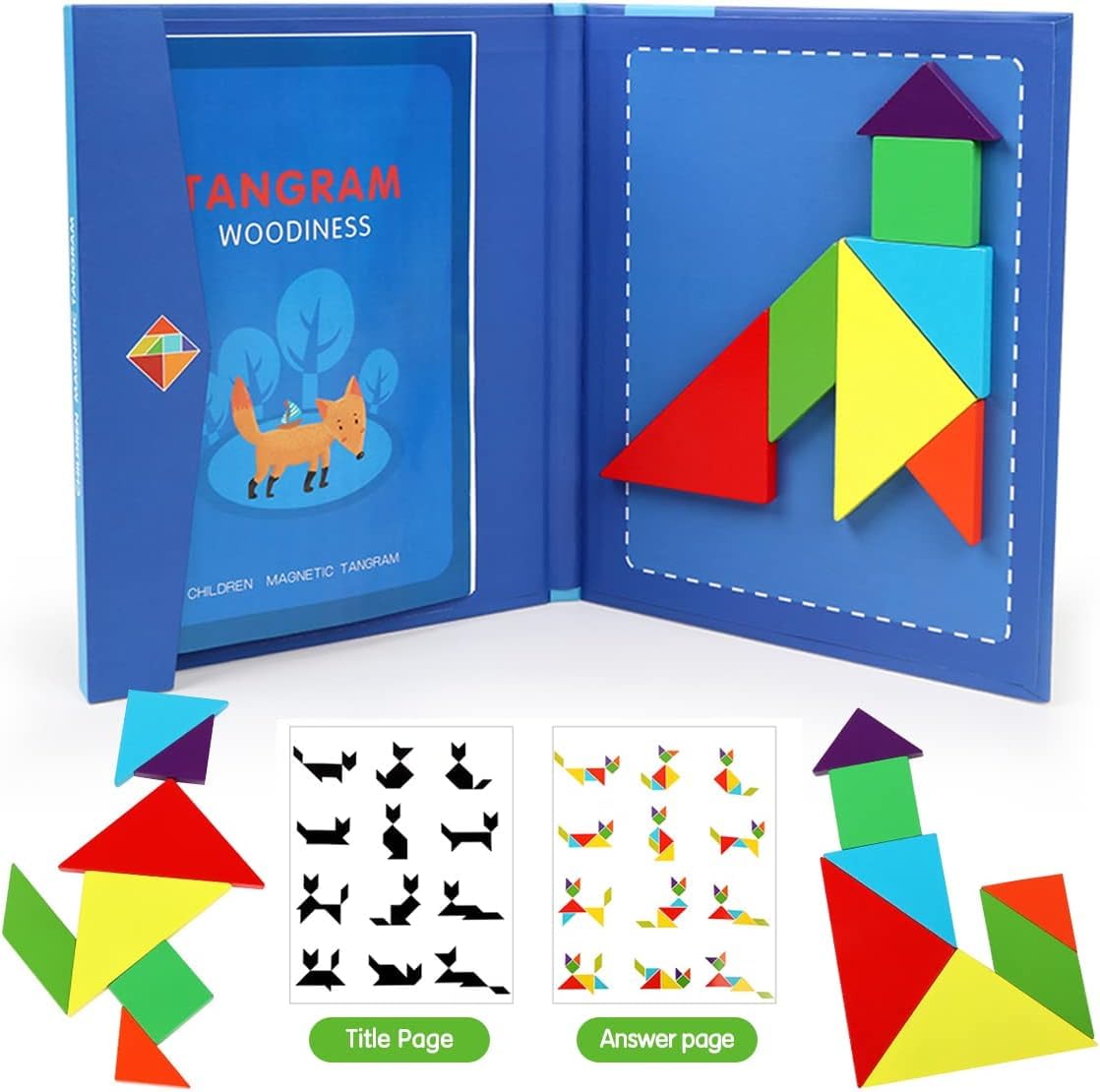 Baybee Wooden Tangram Puzzle Book Game for Kids, Educational and Early Development Tangram, Magnetic Block Book with 3D Puzzle Game STEM Education IQ-Brain Teaser Toys For Boys Girls - Multicolor
