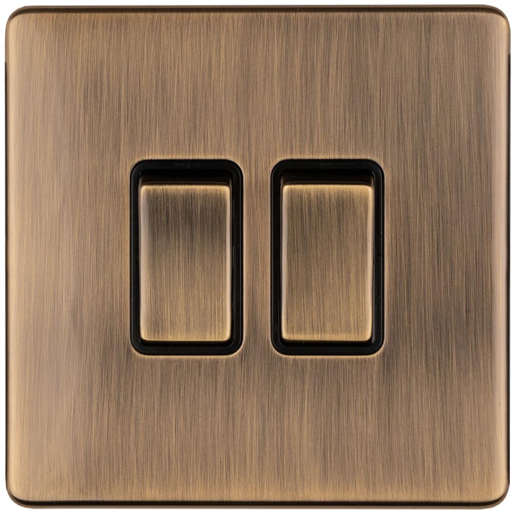 Loops Light 2 Gang Double Switch Screwless Antique Brass 2 Way 10A Metal Rocker Slim - Decorative Kitchen Living Room Bedroom Plate