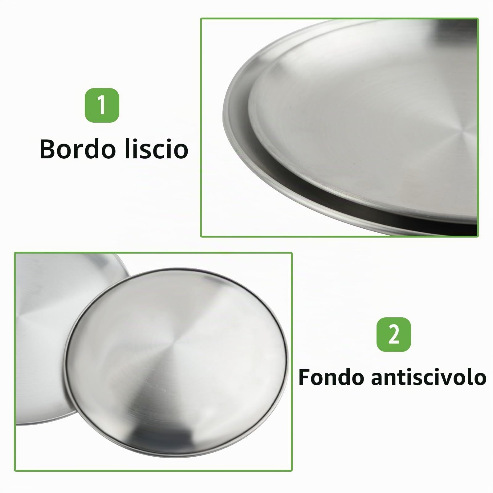 Set di 6 piatti in acciaio inox 18/8, 20,3 e 22,9 cm, 304 metallo, per bambini e adulti, piatti da portata rotondi per ristoranti, antipasti, colazione a buffet, campeggio (argento)