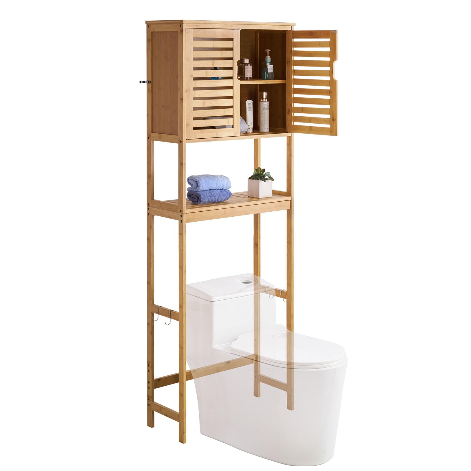 VEVOR Bamboo Over The Toilet Storage Cabinet, 68.9 in Height Bathroom Storage Organizer with Double Door & Inner Adjustable Shelf, Bathroom Space Saver Organizer Above Toilet with Open Shelf, Natural