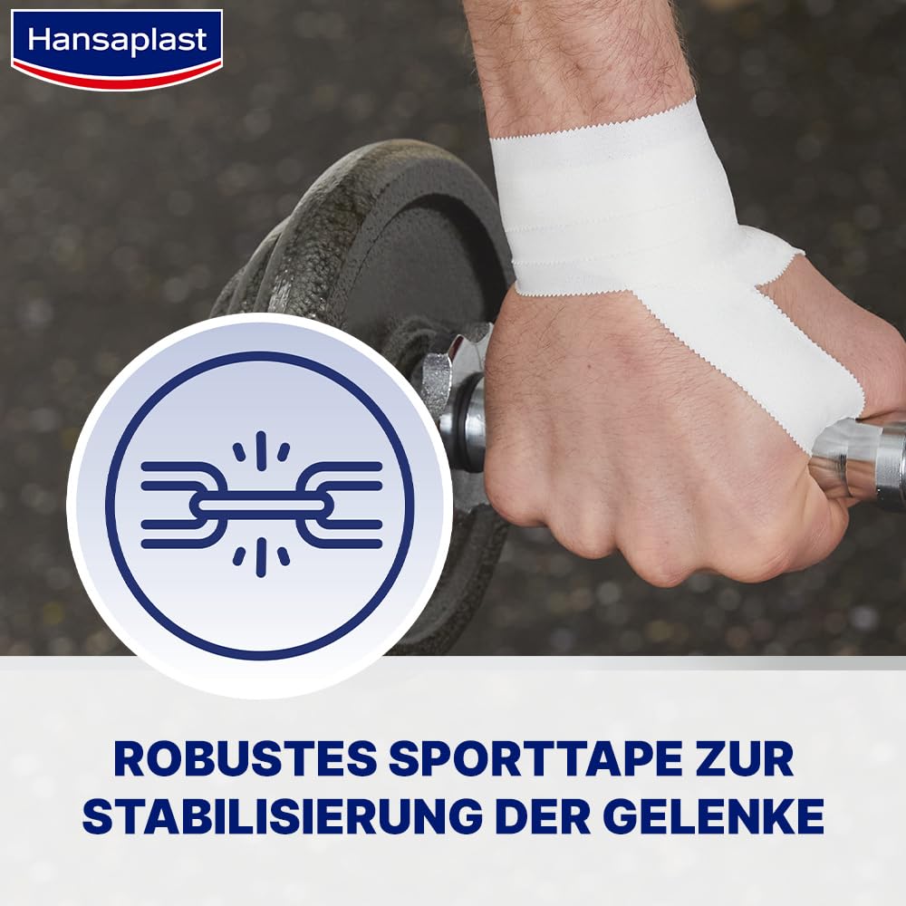 Hansaplast Wytrzymała taśma sportowa (3,8 cm x 10 m), mocna taśma klejąca zapobiega kontuzjom, bez lateksu taśma sportowa zapewnia wsparcie stawów, biała