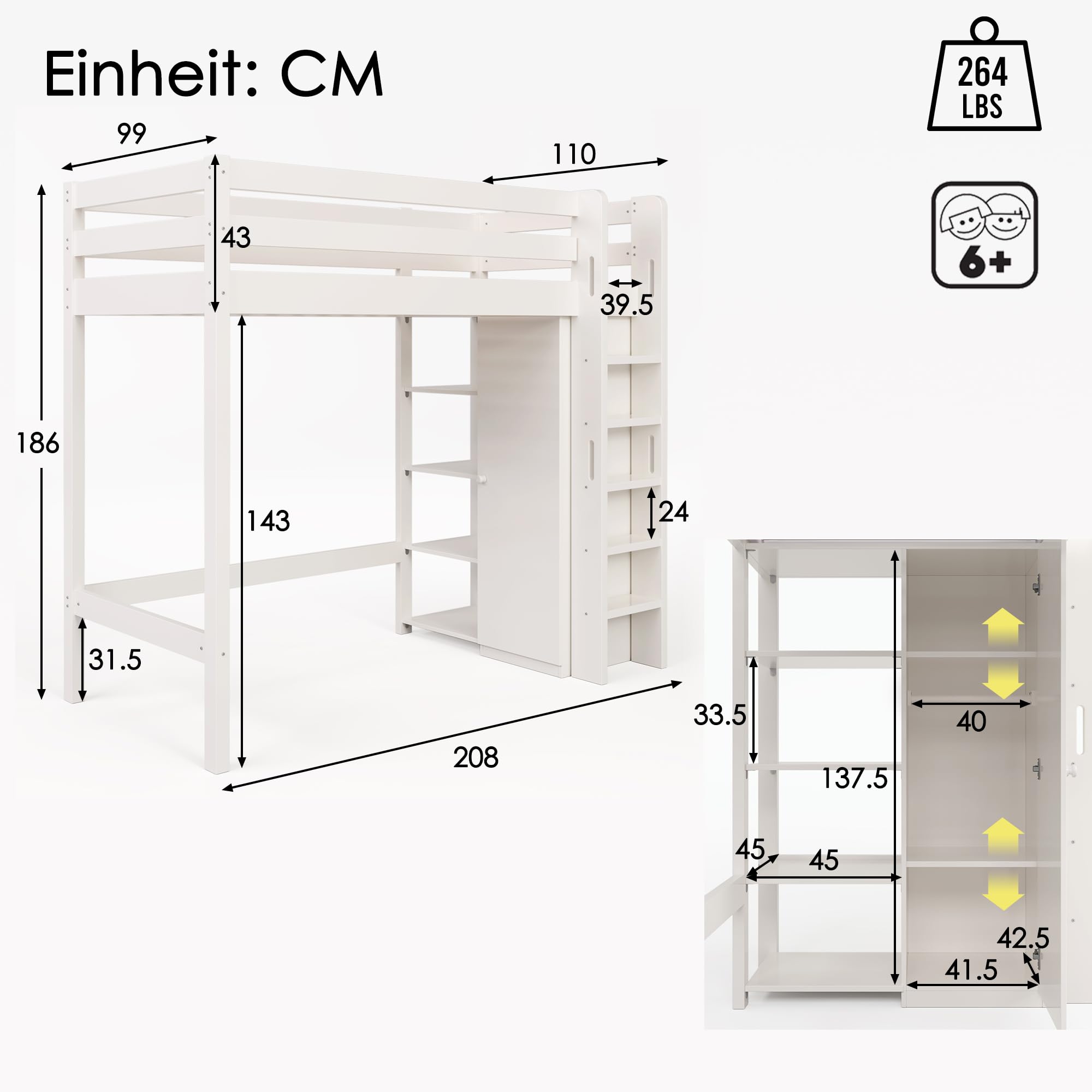 LAKFEW Cama Alta Infantil 90x200 cm con Armario y Estante Almacenaje Ajustable, Cama Tren Camas Altas con Dispositivo antivuelco y Protección Anticaída, Camas Literas con Escalera, Blanco, Sin Colchón