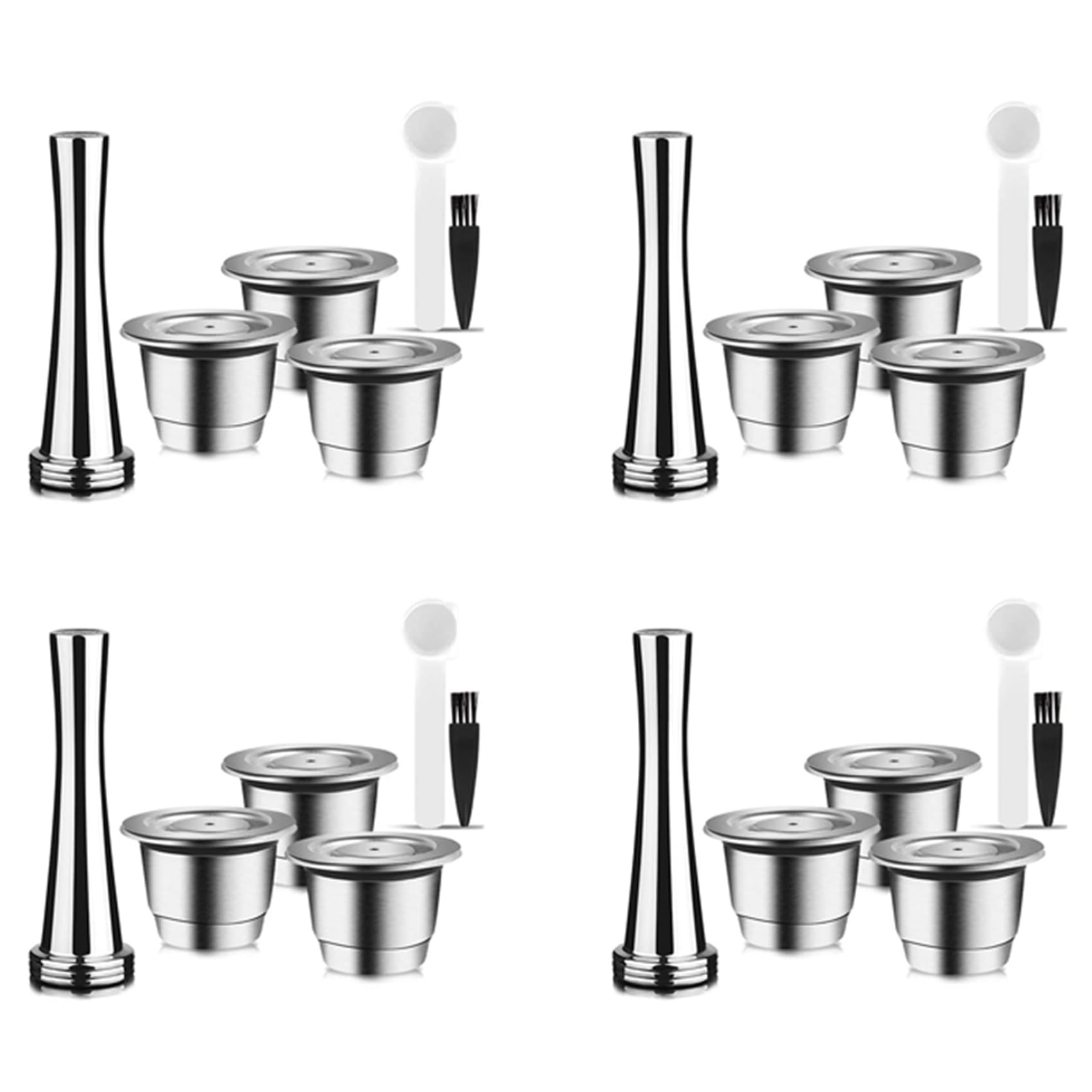 Cápsulas reutilizables, de acero inoxidable, 12 almohadillas recargables para + 4 manipuladores + 4 cucharas + 4 cepillos