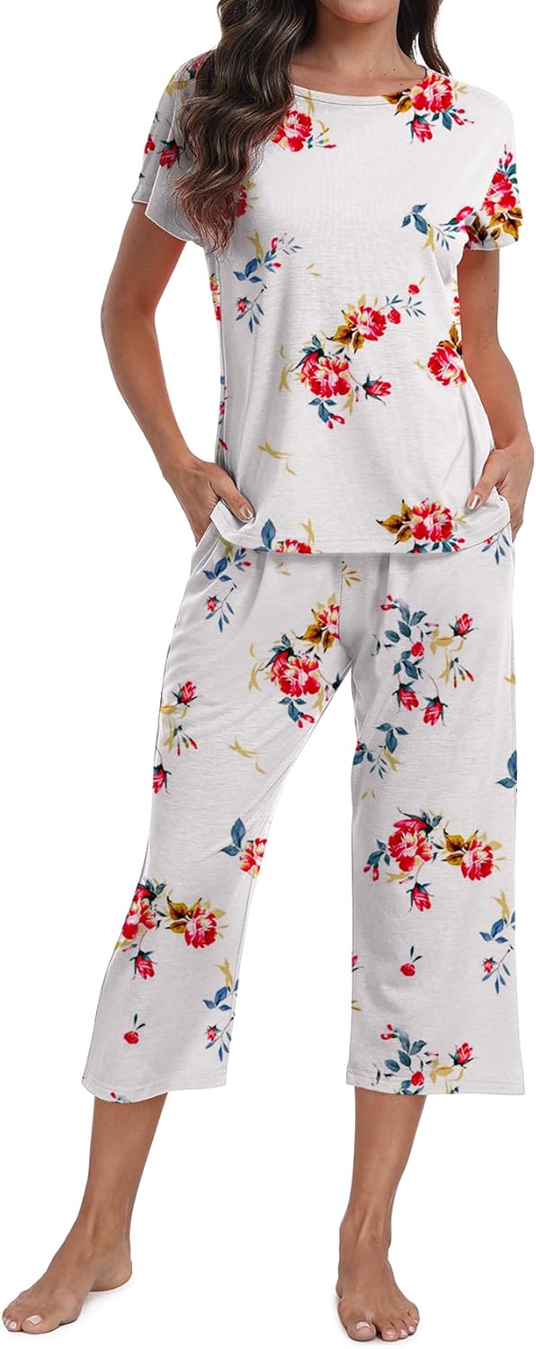 YUNDAI Womens Pajama Sets Short Sleeve Top With Capri Pants Sleepwear 2 Piece Lounge Set - Image 4