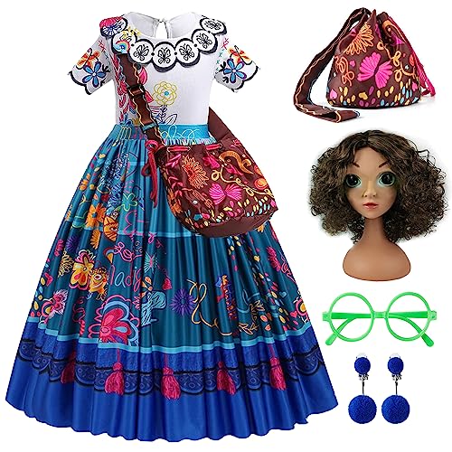 Cnexmin DéGuisement Mirabelle Encanto Enfant Costume Robe Mirabelle Filles Avec Accessoires Pour FêTe Halloween Carnaval 6-7ans,Bleu 130cm