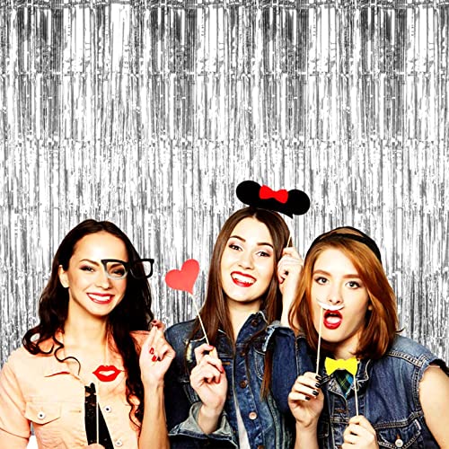 Image of 4 Pack Silver Foil Fringe Curtain Backdrop, 3.28Ft x 8.2Ft Metallic Tinsel Foil Fringe Streamer Curtains for Photo Booth Props, Birthday, Wedding, New Year's, Christmas Decoration Party Supplies