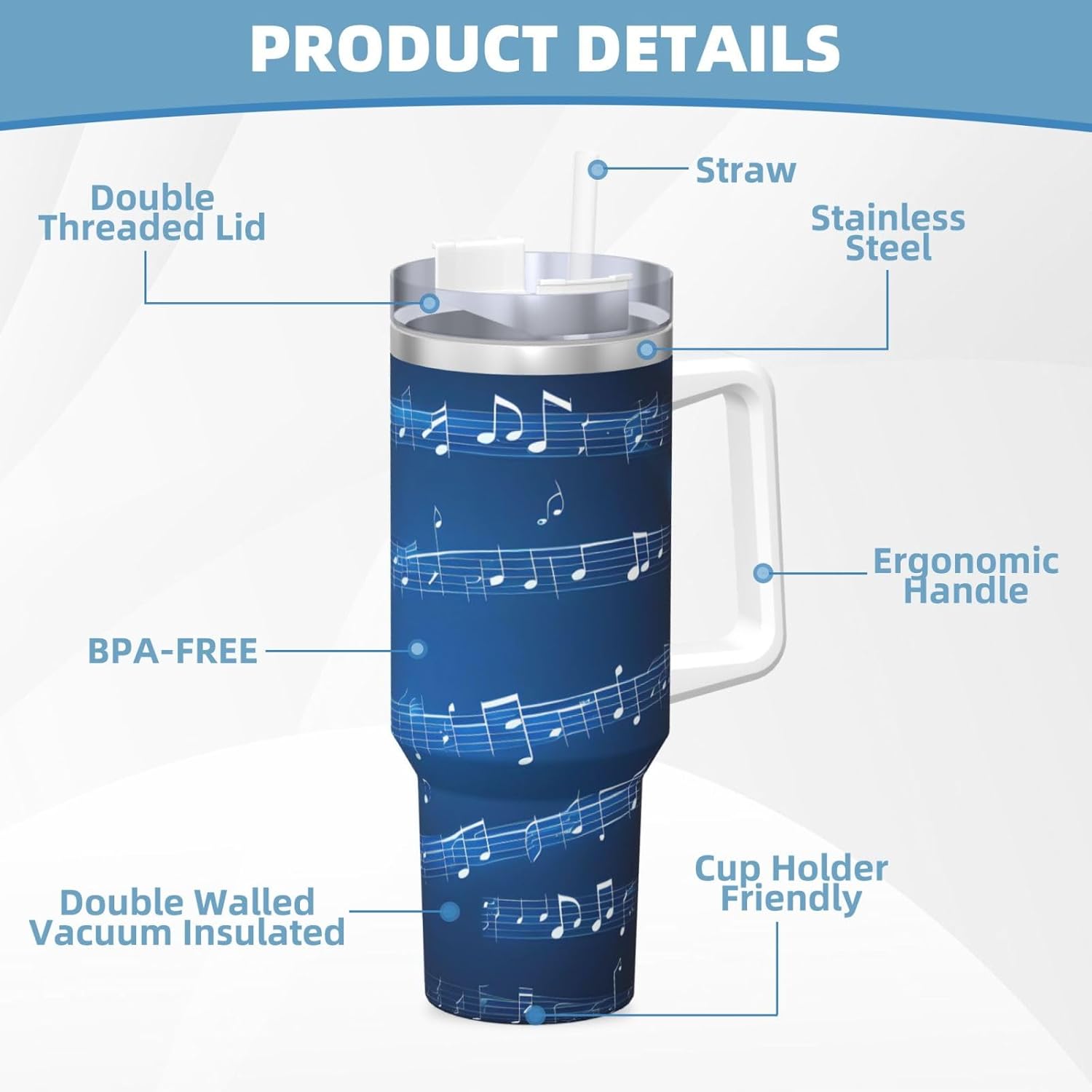 40 OZ Blue Musical Notes Print Ice Bully Cup with Handle Straw Lid Straw,Stainless Steel Tumbler Coffee Cup