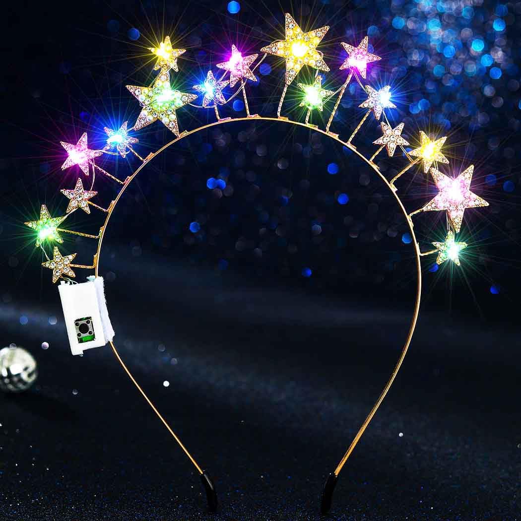 Light Up Stars Halo Crowns LED Rhinestones Halo Headbands Glowing Pearl Star Hairbands Glitter Rave Hair Accessories for Women (Gold 1, One Size) - Image 2