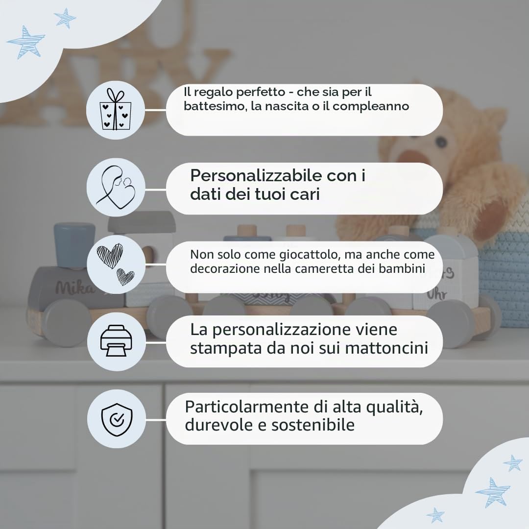 KIDSLINO Ferrovia in legno blu – personalizzabile, per nascita, ragazzo, giocattolo in legno fatto a mano con stampini, regali personalizzati per bambini, treno in legno con nome e date di nascita