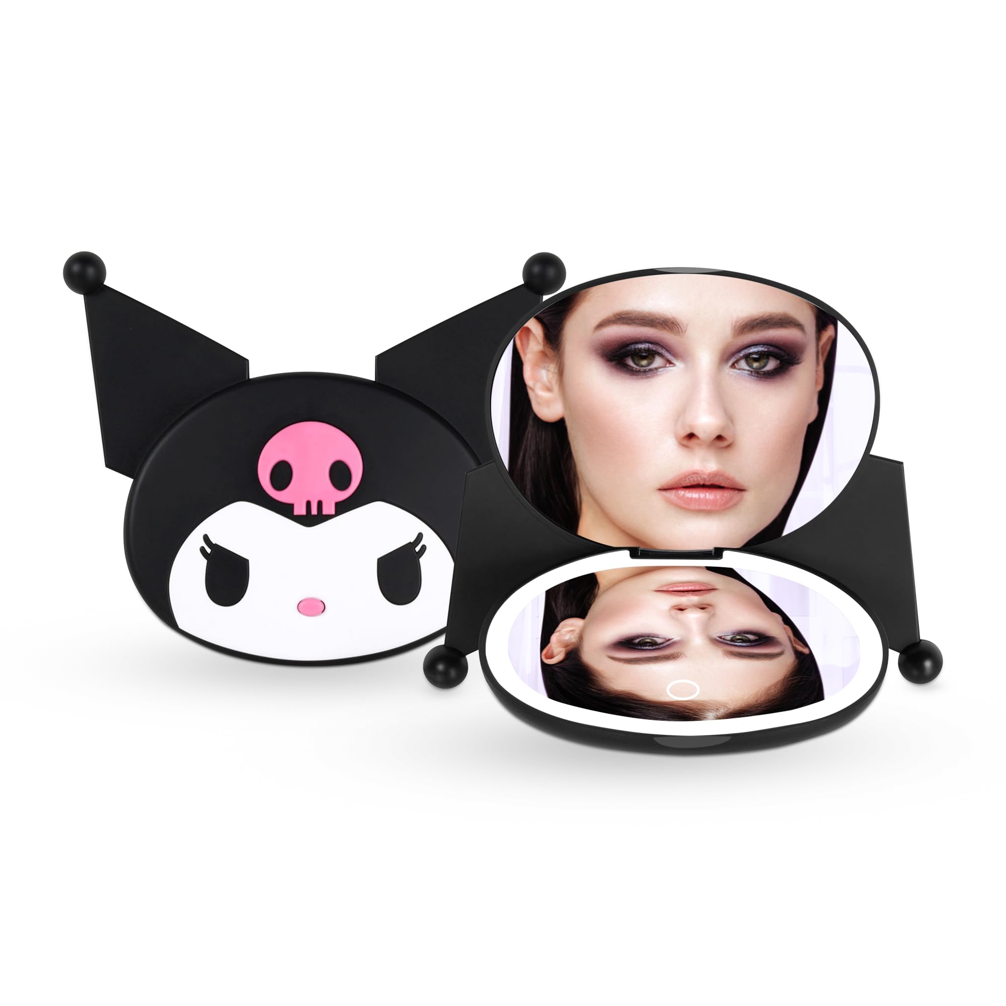 Impressions Vanity Kuromi LED Compact Mirror for Purse, Travel Lighted Makeup Mirror with 3X Magnification, Adjustable Brightness, Soft Touch Sensor Button, and Kuromi Figural Shaped Design