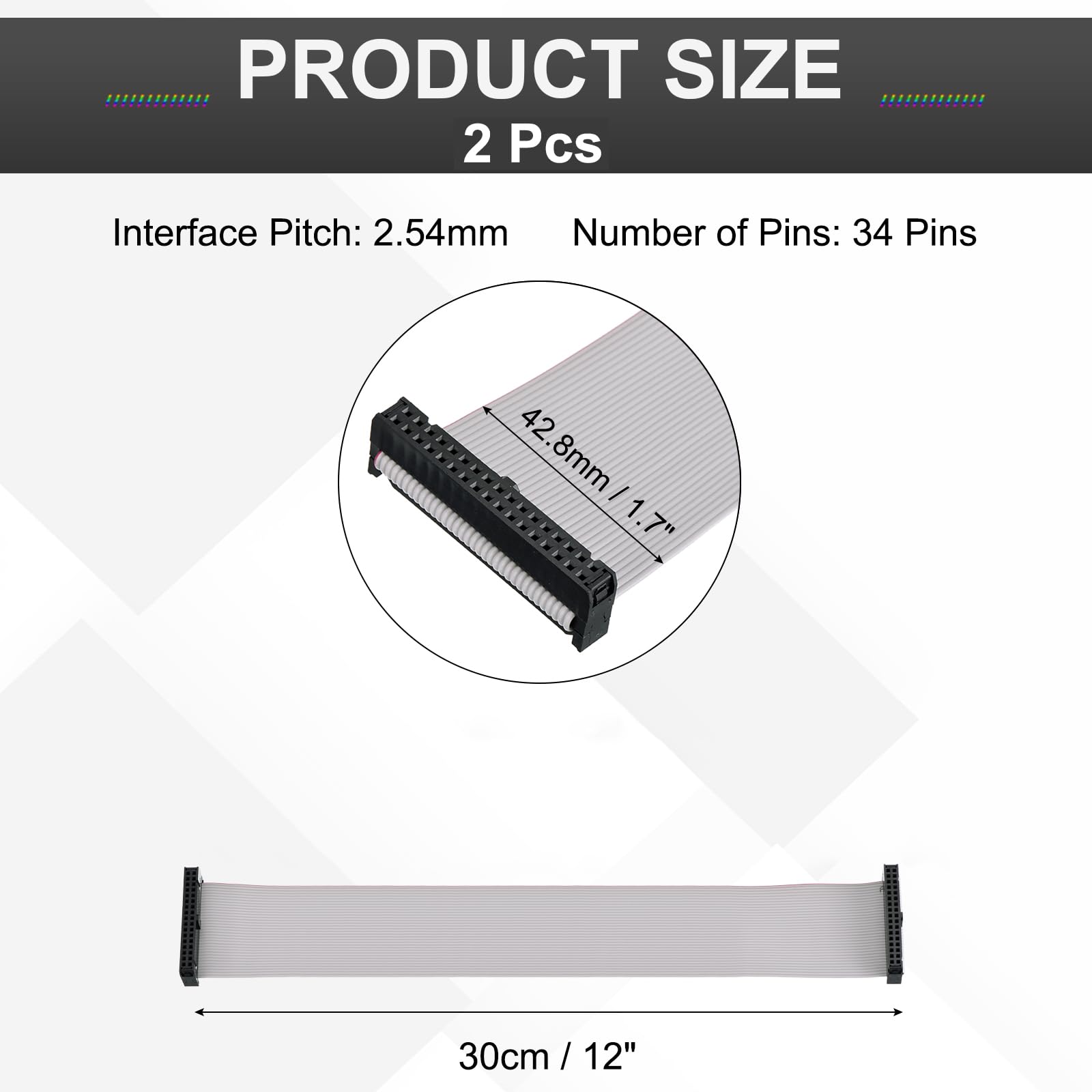 sourcing map 5 cavi a nastro piatti IDC, 34 pin, passo 2,54 mm, lunghezza 30 cm, FC a FC doppio femmina, cavo a nastro piatto, per elettronica industriale, grigio