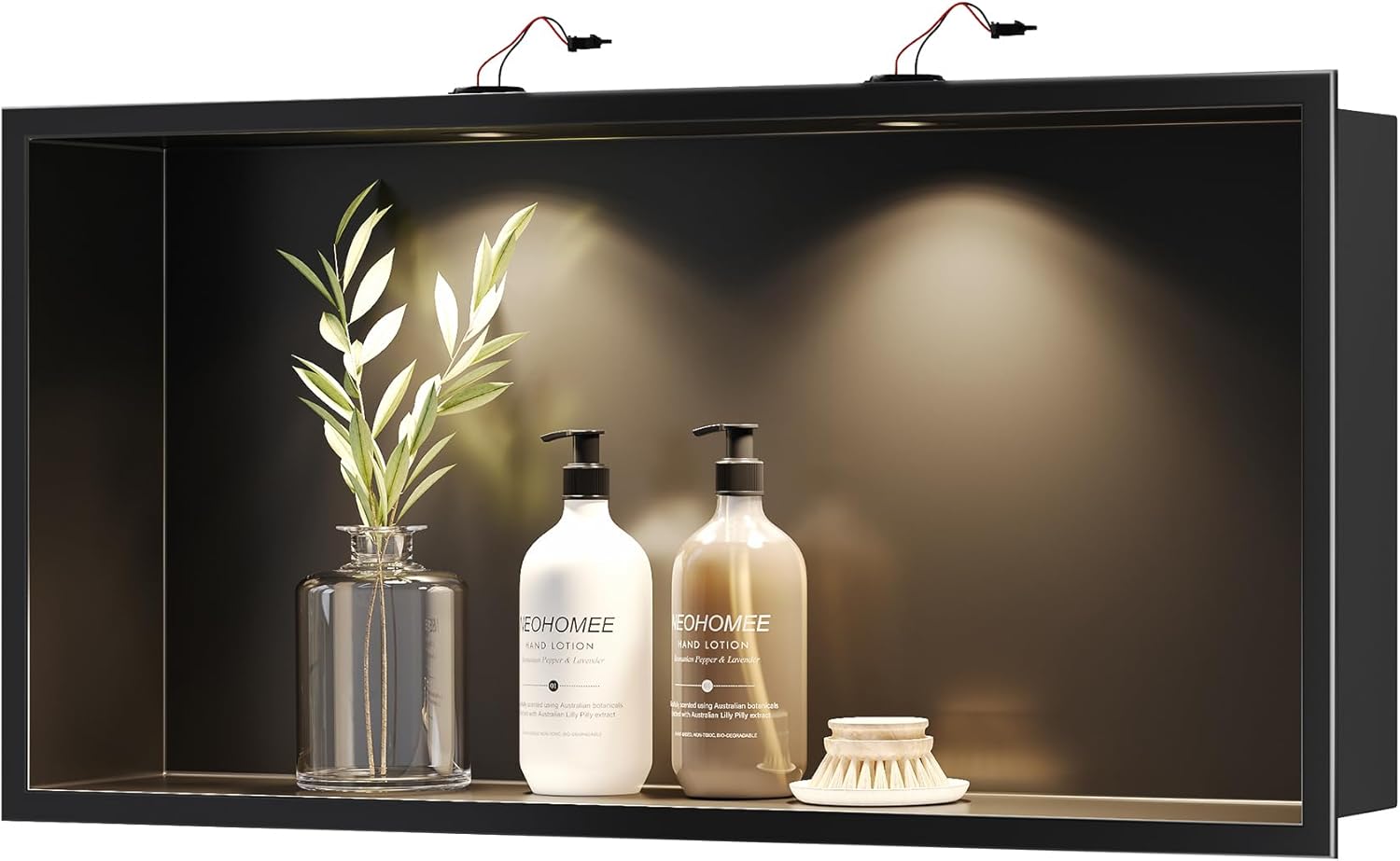 Neodrain Wall Niche With Non-dimmable LED Downlight, Matte Black Stainless 24X12Inch Shower Storage, Built-in Recessed for Bathroom NO Tile Needed