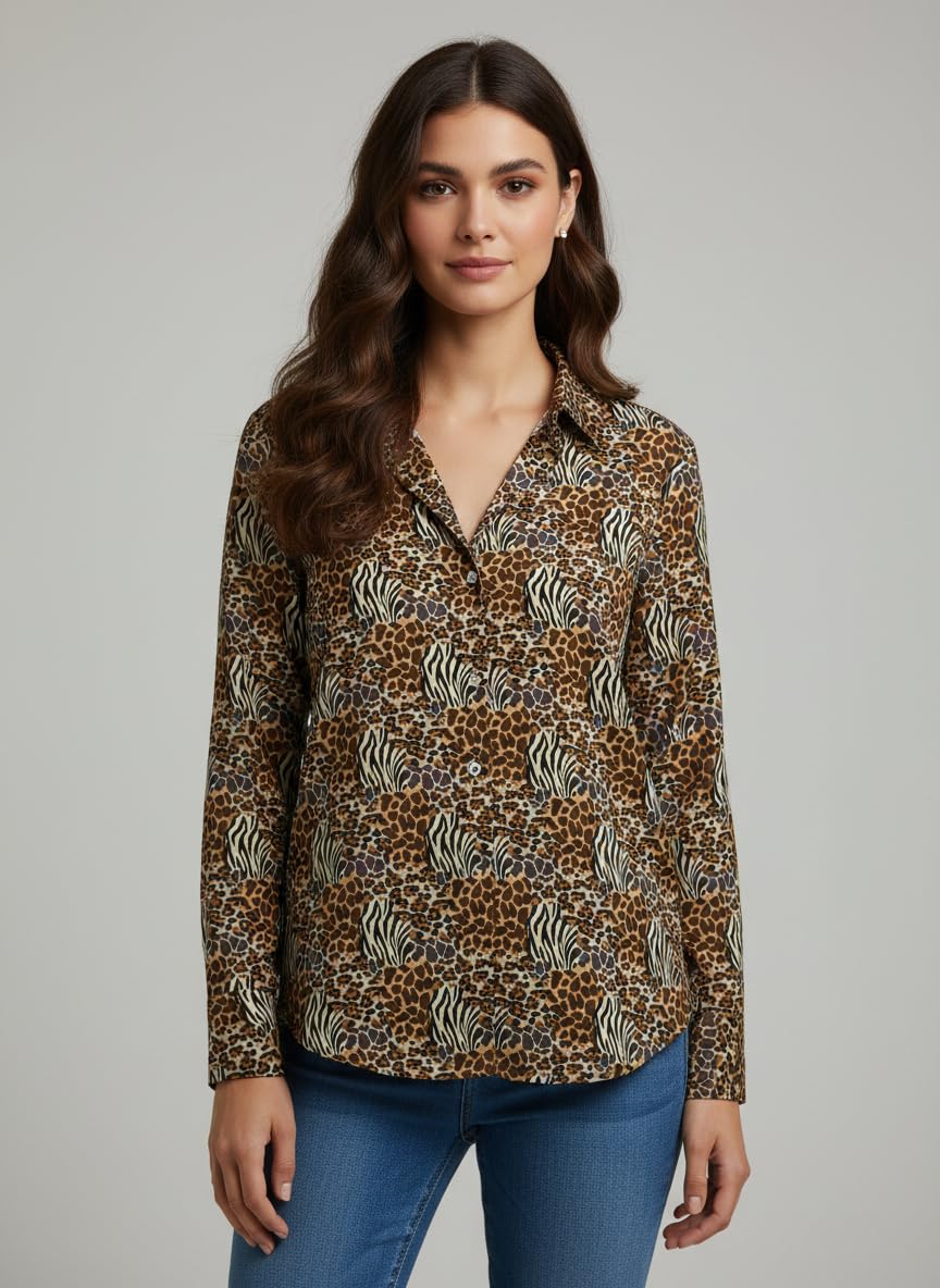 ANNI Designer Bedrucktes Damenhemd aus Baumwollmischgewebe, langärmelig, normale Passform, Hemdkragen, legere Bürokleidung, elegante Western-Kleidung für den Alltag, Hochzeit, Party