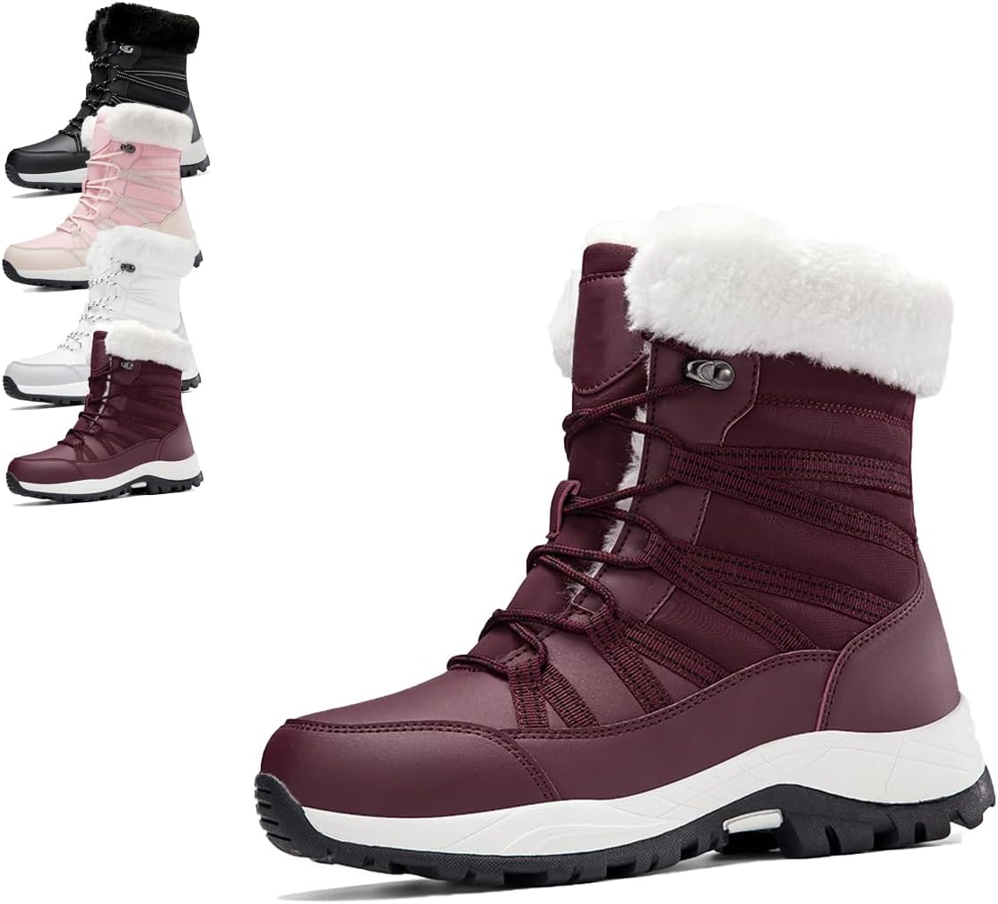 Women’s Waterproof Winter Snow Boots – Warm Fur Lined Outdoor Mid-Calf Boot, Lightweight Non-Slip Walking Boots for Hiking, Skiing & Daily Wear
