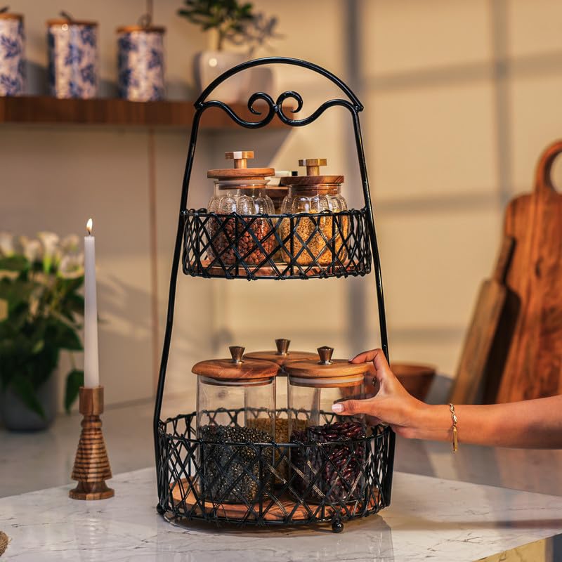 Image of Orbit Multipurpose 2-Tier Storage Basket | Acacia Wood & Iron Handles | Wooden Storage Organizer | Kitchen, Living Room, Bathroom & Home Decor | Natural Finish