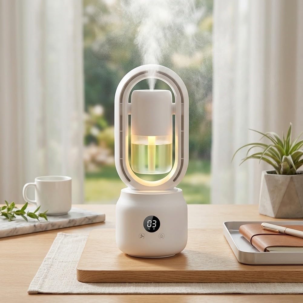 Tragbarer Blattloser Ventilator mit Nebel | Robustes ABS Material, PET Wassertank, langlebig, leicht zu reinigen, spritzwassergeschützt