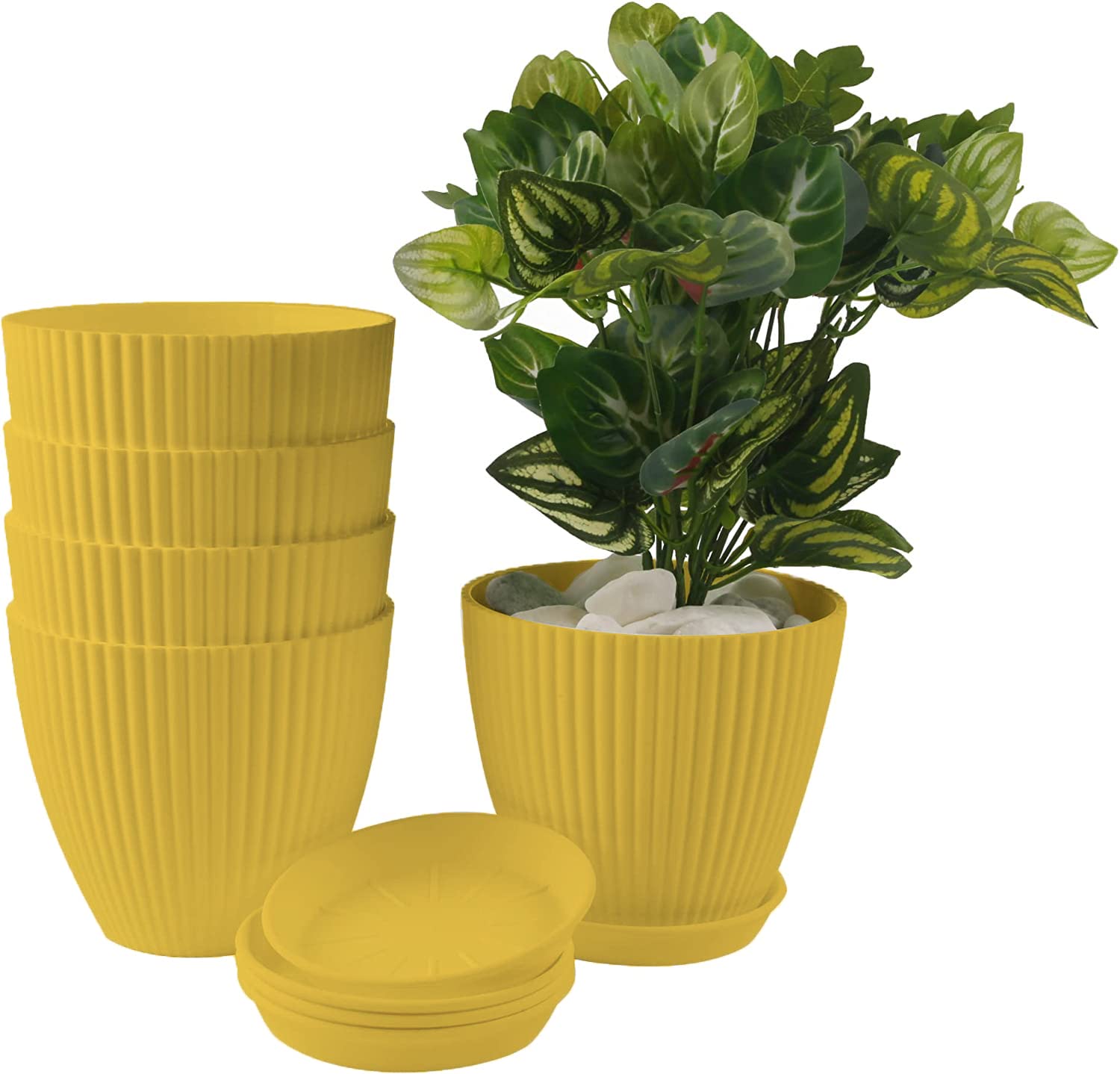 PPYE 8 Inch X 6.5 Inch Plastic Planters with Saucers Indoor Flower Plant Pots, Set of 4 Gardening Containers with Drainage Trays for Flowers, Herbs, Cactus,Succulents, Modern House (Yellow) (B0BZCQY8MC) Amazon Price History, Amazon Price Tracker