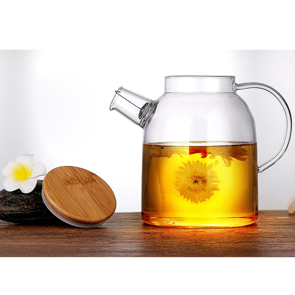 Théière en Verre Transparente 1500ML avec Filtre en Bambou et Acier Inoxydable