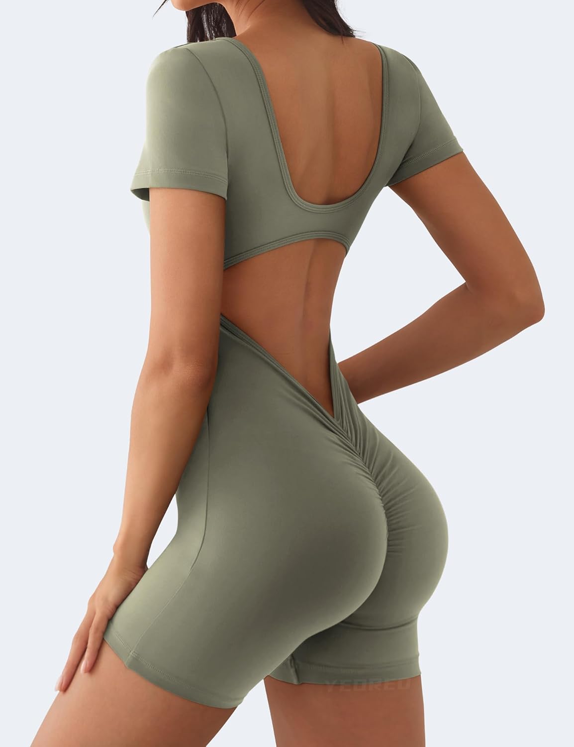 YEOREO Short Sleeve Jumpsuit for Women V Back Scrunch Butt Short Bodysuit Lizvette Open Back Workout Romper One Piece Bodycon - Image 7