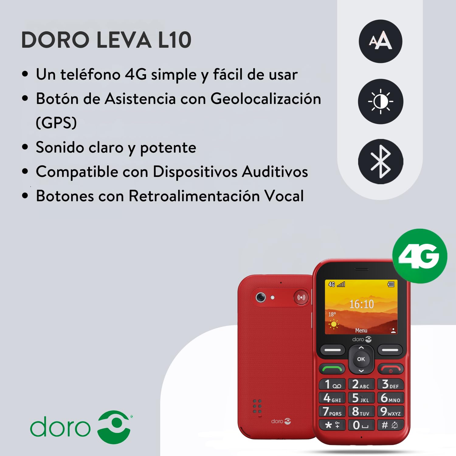 Doro - Leva L10 - Téléphone Portable Senior - Téléphone 4G Débloqué - Grand Écran - Son HD Puissant - Appareil Photo - Touche d'Assistance Avec GPS - Socle Chargeur Inclus - Graphite