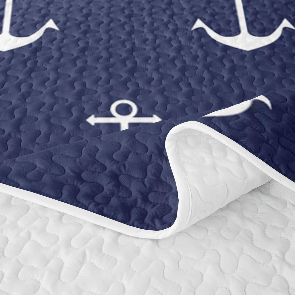 Homewish Nautical Anchor Queen Size Quilted Bedspread,Nautical Theme Coverlet Set,Ocean Sail Boat Microfiber Lightweight Quilt Bedding,Navy Blue Bed Covers for All Season,2 Pillowcases