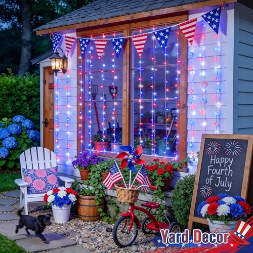 Image of JMEXSUSS 200 LED Red White and Blue Curtain Lights, 6.5ft x 6.5ft | 4th of July Lights USB Plug in, 8 Modes Patriotic Hanging String Lights with Remote for Memorial Day Independence Day Decor