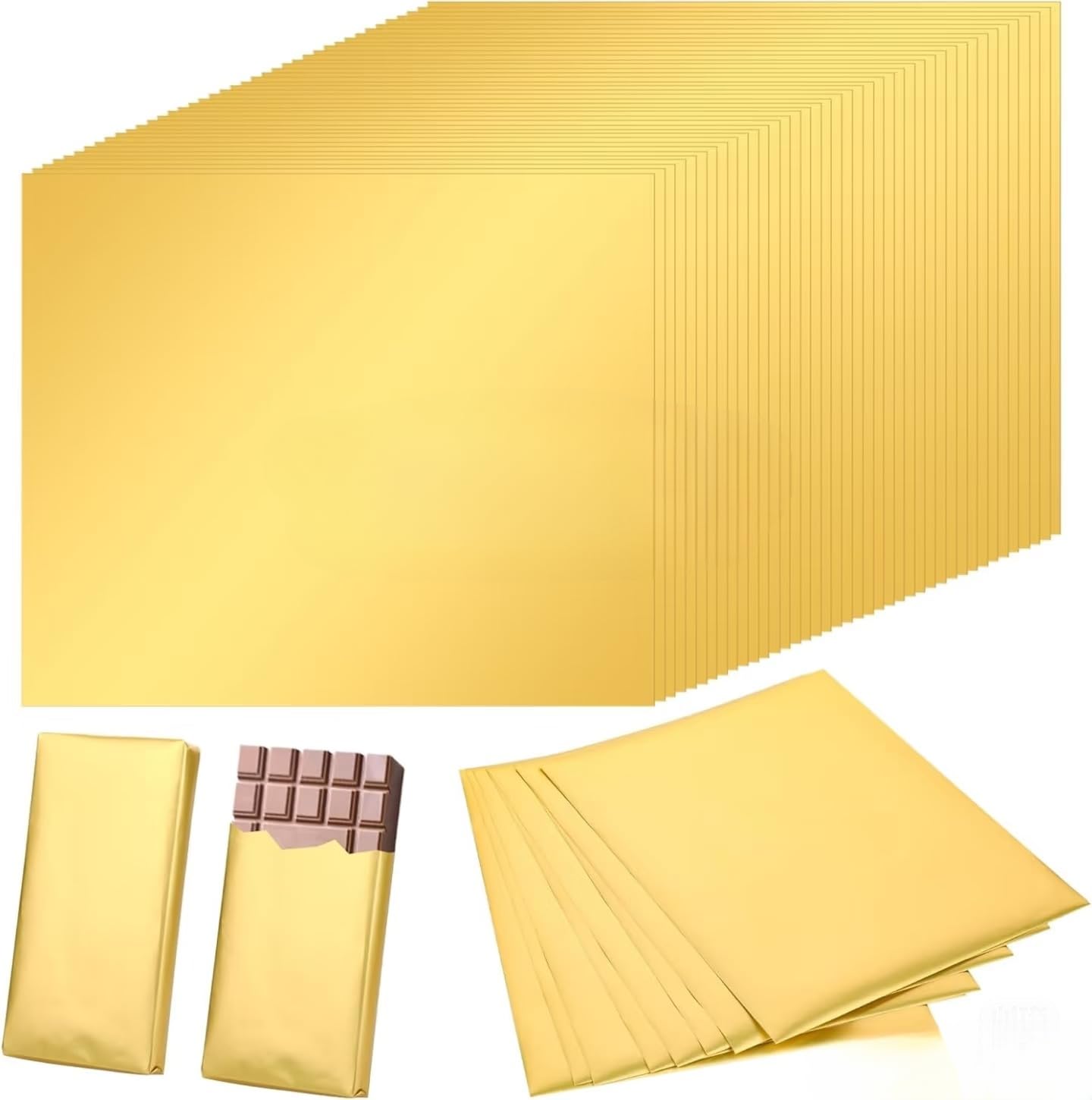 CHOULULUED 100PCS Chocolate Bar Wrappers，6.2" X 7.5"Gold Foil Candy Wrappers, Butter Wrappers Homemade Individual Aluminum Packaging Wrapping Sheets