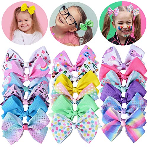 18 Pcs 5 Inches Hair Bows for Girls,Grosgrain Ribbon Bow Clips with Alligator Clips,Unicorn Rainbow Mermaid Hair Bow for Girls Kids,18 Colors