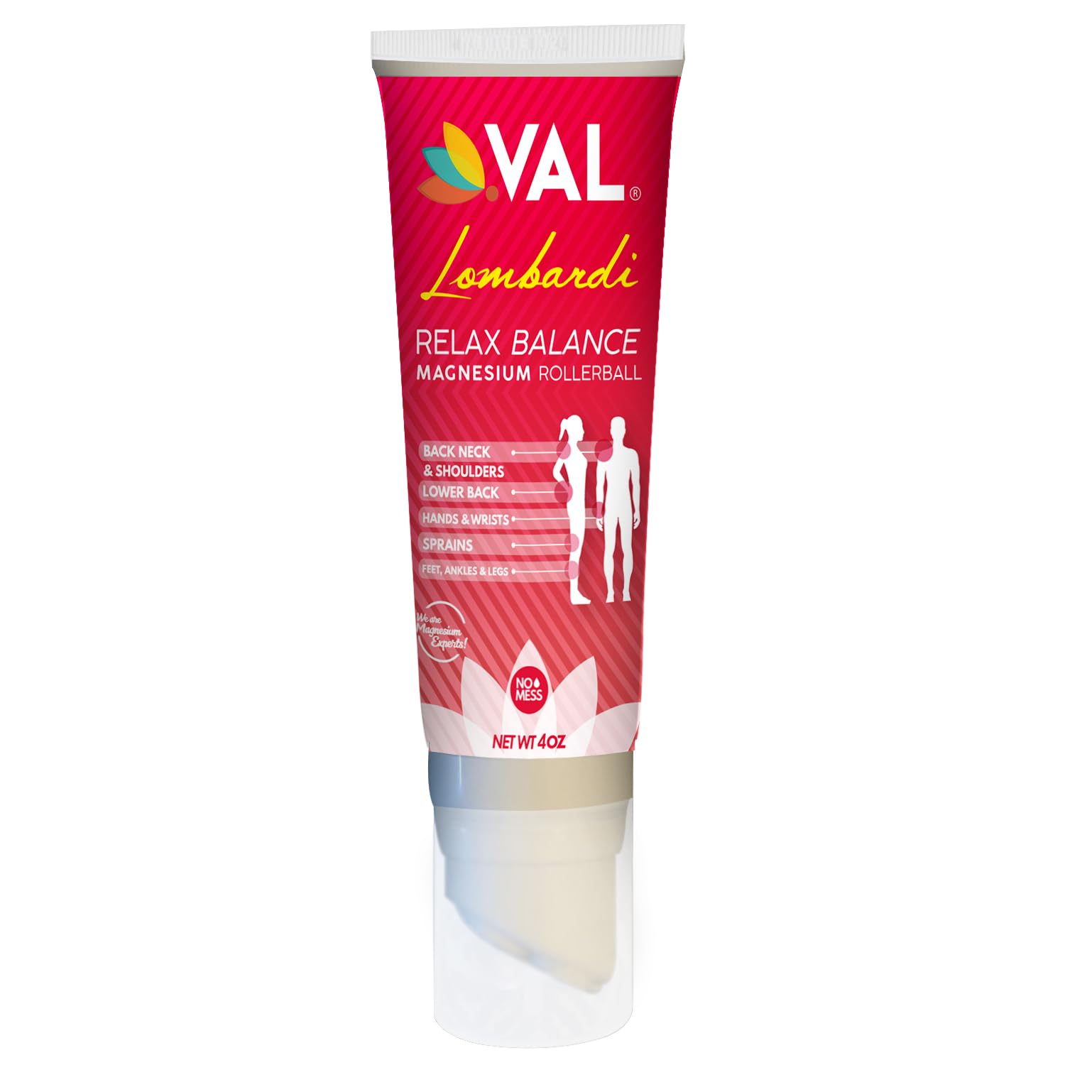 VAL Lombardi Relax Balance Magnesium Rollerball | Zechstein Magnesium + Herbal Extracts | Joint & Muscle Relief for Neck, Back, Legs | No Mess, Non-Greasy | 4oz