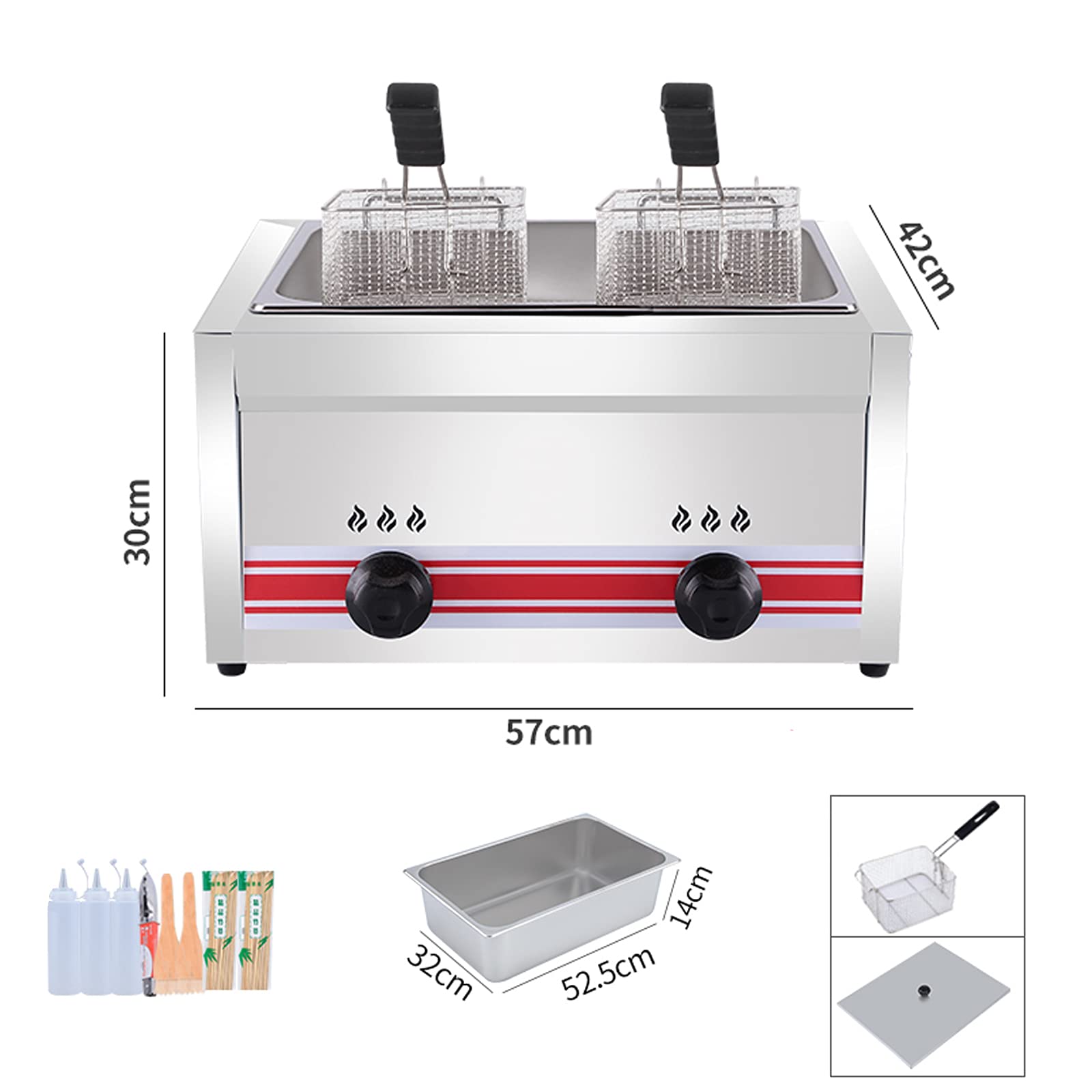 Friggitrice a gas di grande capacità per casa e commerciale, potenza di fuoco regolabile con cestini e coperchi, perfetta per patatine, ciambelle, pesce, facile da pulire