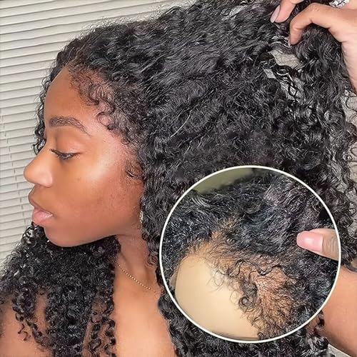 FACMOOD 4C Edges Kinky Curly Lace Front Wigs Human Hair 13x4 HD Transparent Lace Frontal Wigs with Curly Edges Baby Hair Deep Wave Curl Wig Pre-Plucked Hairline 180% Density 16 inch
