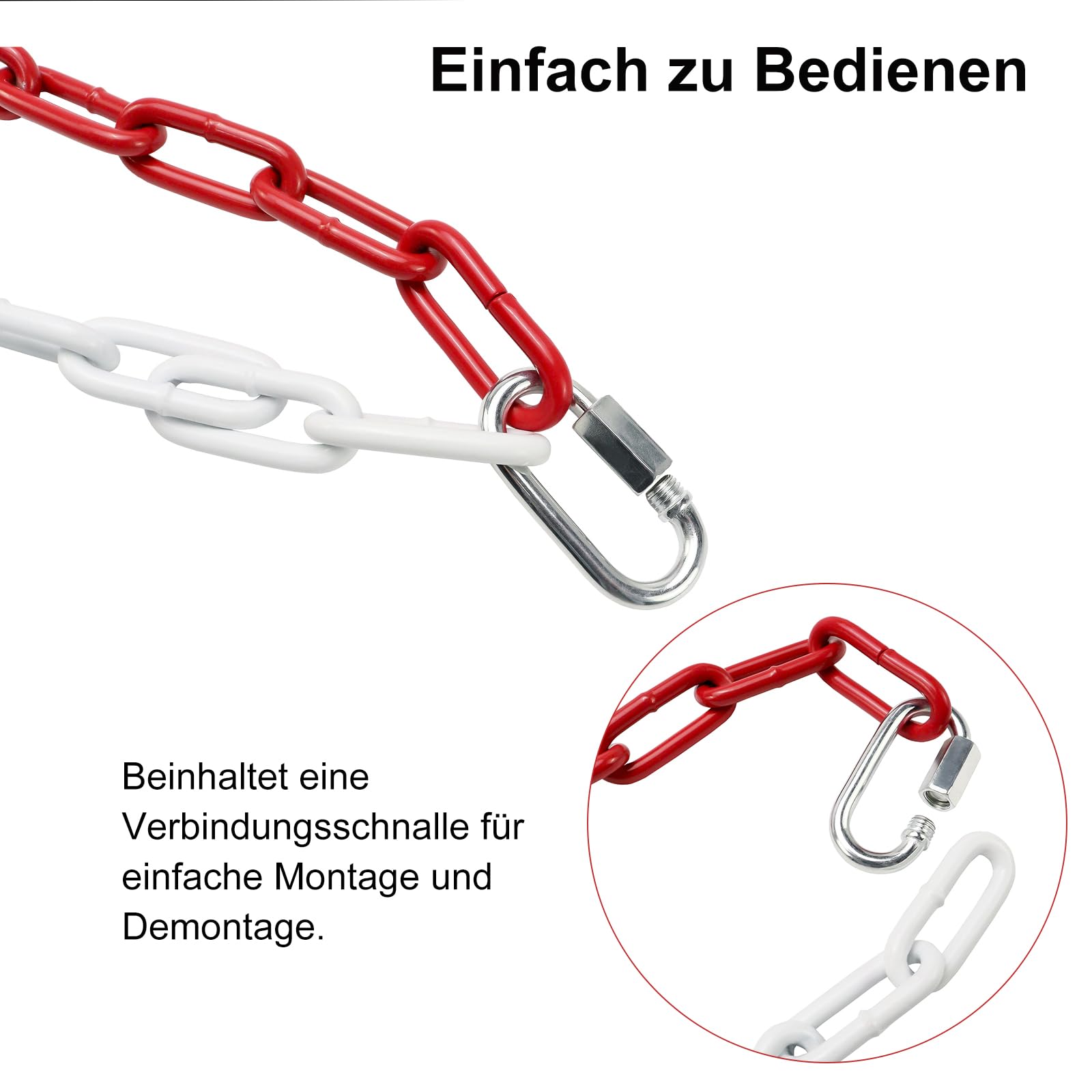 Absperrkette Stahlkette, 15M Rot Weiß Metall Warnkette Stahl Sicherheitskette 5mm Dicke mit Verbindungsschnalle, Gliederkette für Parkplätzen Baustellen Straßen (15 Meter)