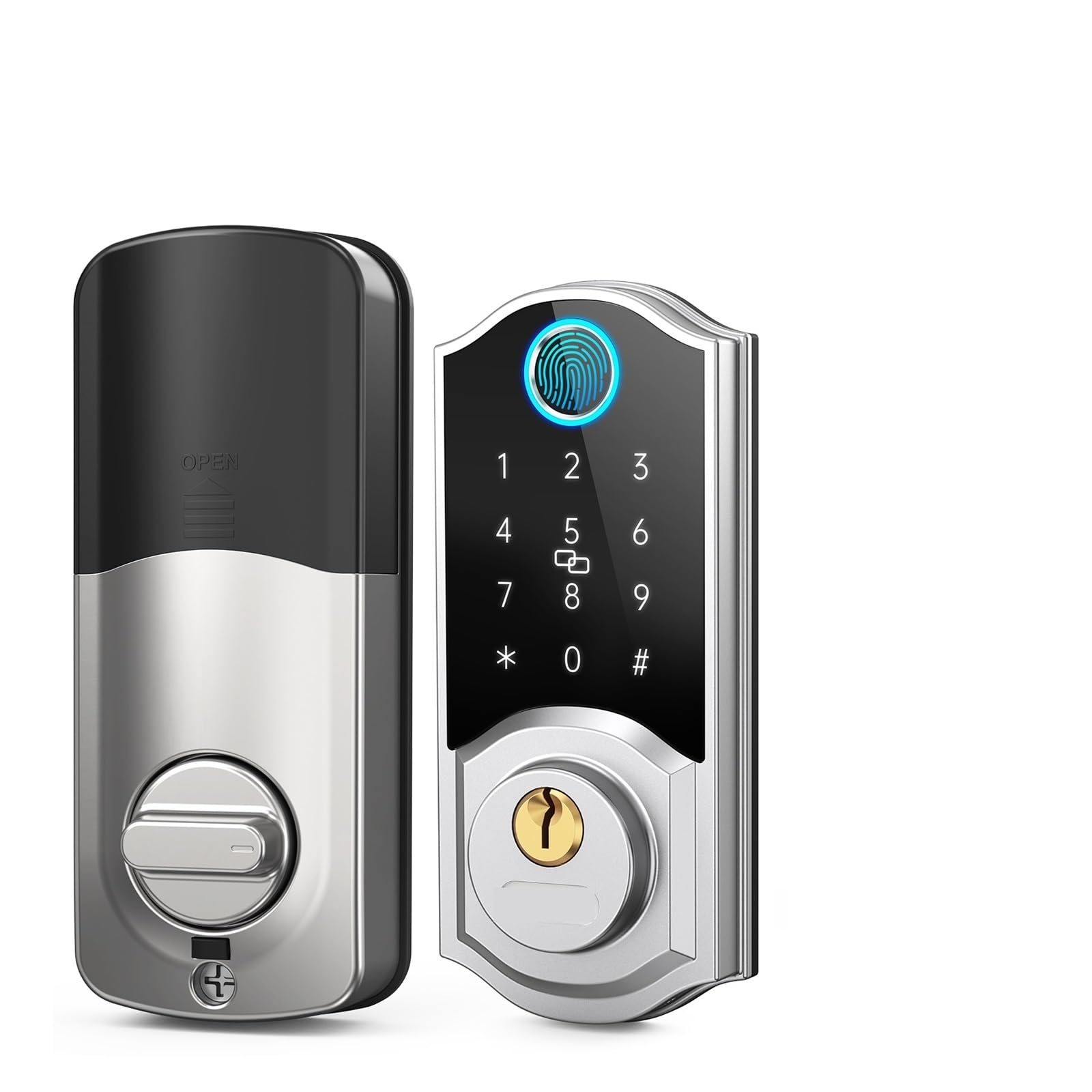 Inteligentny zamek do drzwi z czytnikiem linii papilarnych, bezkluczykowy elektroniczny klawiaturą/Bluetooth/pilotem IC, ładowaniem USB użytku domowego(Silver)