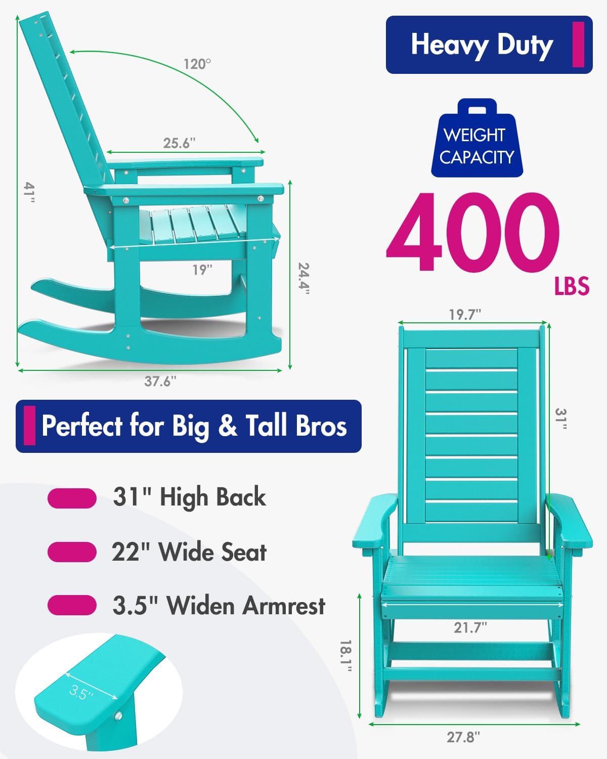 BRIOPAWS Outdoor Rocking Chairs | Set of 2 | Porch Rockers | HDPE Plastic| Aqua | Oversized | Patio Rocker Chair | High Back | for Big Man | Weather Resistant | for Outside Deck Balcony Front Backyard