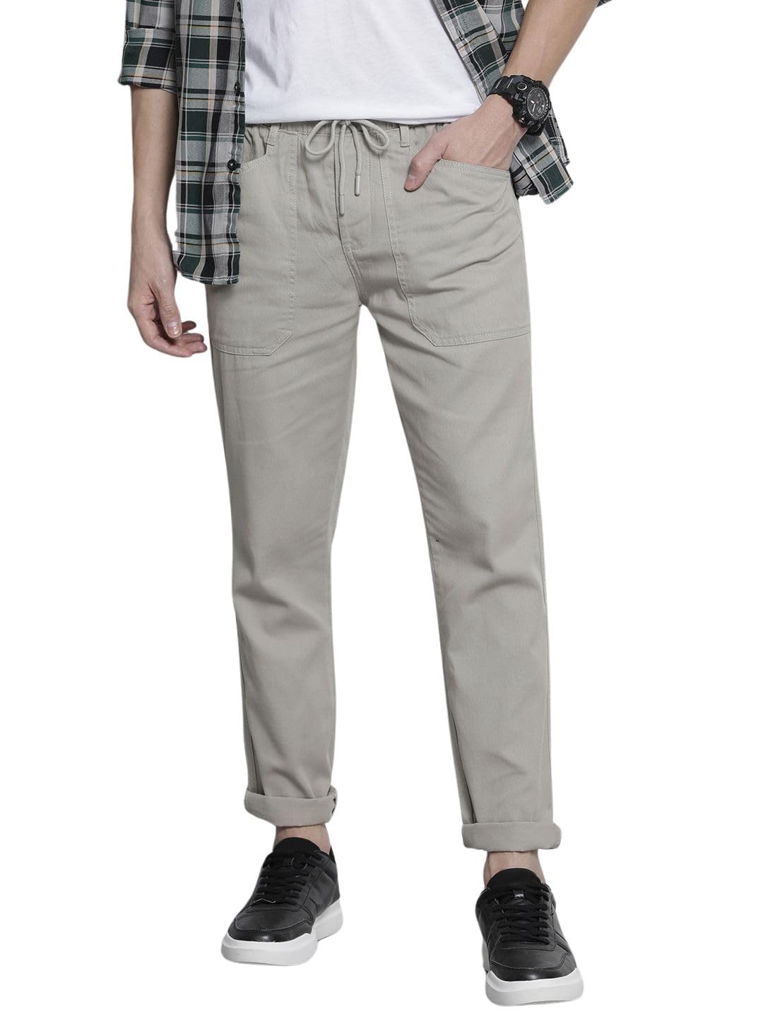 the indian garage co Men Slim Fit Solid Mid-Rise Elasticated Elasticated Trousers-picture-28
