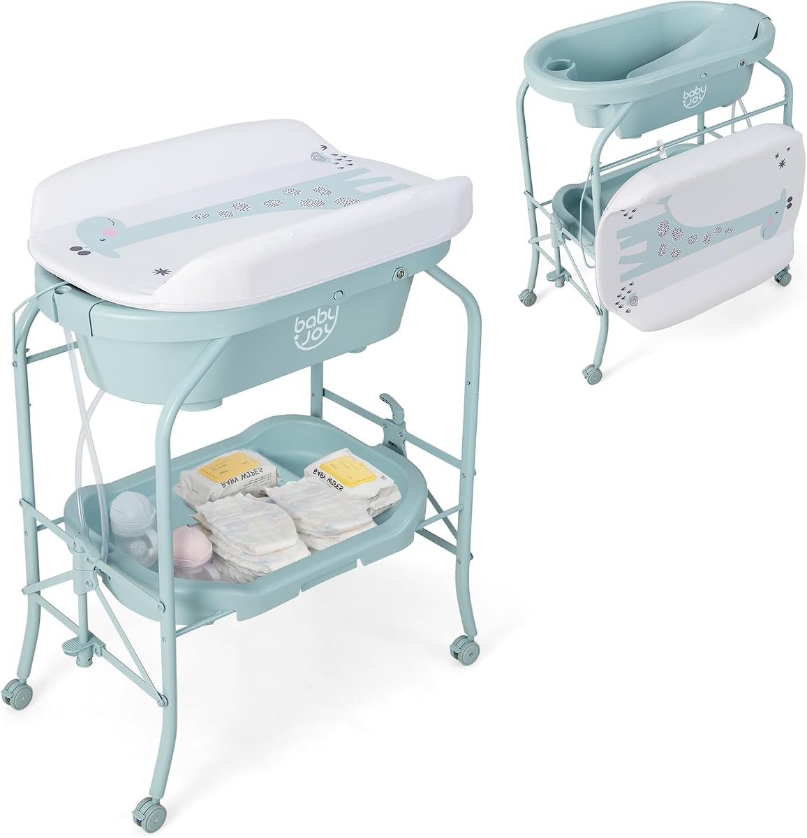BABY JOY Baby Bathtub with Changing Table, Foldable Infant Diaper Changing Station with Storage Tray, Waterproof Pad, Portable Newborn Nursery Organizer Bath Stand with 4 Universal Wheels (Blue)