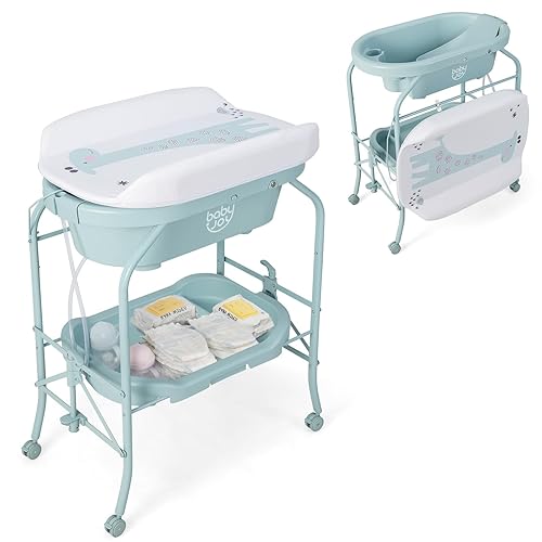 Miniatura 12 de BABY JOY Bañera para bebé con cambiador, estación plegable para cambiar pañales con bandeja de almacenamiento, almohadilla impermeable, organizador