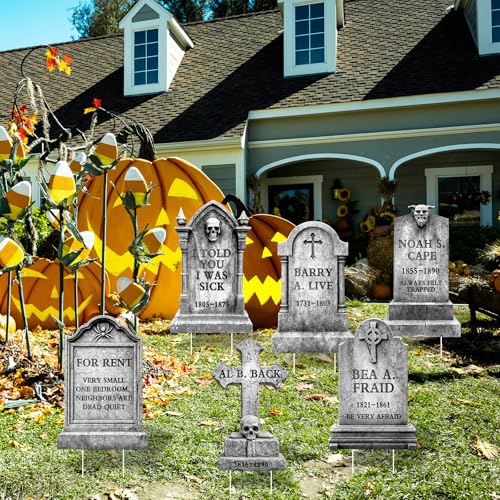 Arosche Halloween Decorations Outdoor Funny Graveyard Tombstone Yard Signs 6Pcs with Stakes Cemetery Headstones Scary Skeleton RIP Halloween Decorations for Outside Lawn, Garden, Party - Image 7