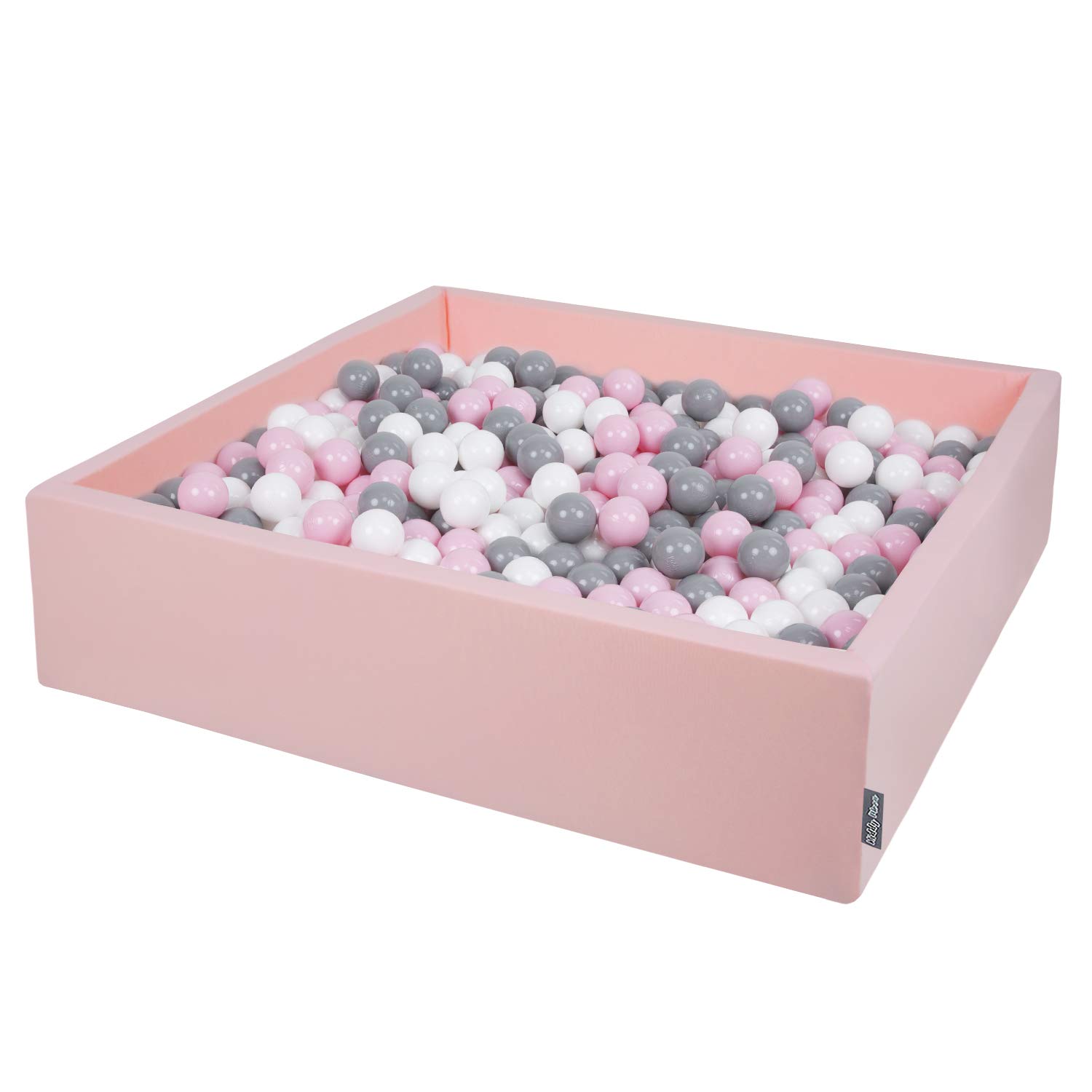 KiddyMoon Soft Ball Pit Square 120X30cm/200 Balls ∅ 7Cm / 2.75In For Kids, Foam Ball Pool Baby Playballs Children, Made In EU, Pink:White-Grey-Powder Pink