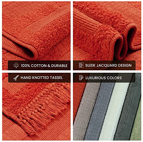 Rusty Orange Bath Rug Set Of 2 100% Cotton 1(17X24)+1(21X34) Super Soft Loop, Tufted Box Design With Double Knotted Fringes Machine Washable Bath Rug For Bathroom, Kitchen, Water Absorbent Fast Dry #TOP5