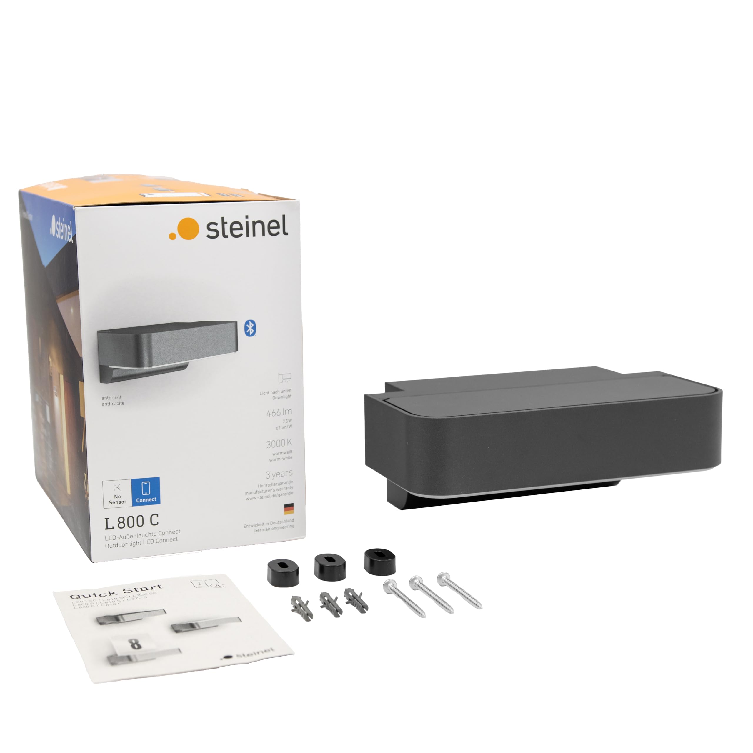 Steinel L 800 C Lámpara LED de pared para exteriores, en color antracita, sin sensor, con iluminación descendente, luz blanca cálida y conectable por Bluetooth y aplicación