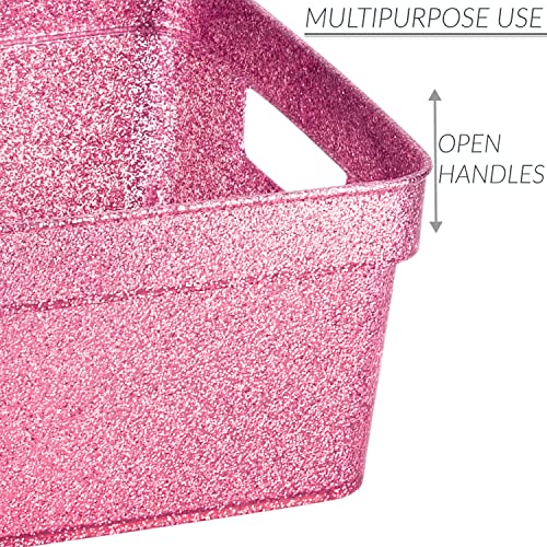 Simplify 3 Pack Small Glitter Tote Bin | Home Storage Basket | Bathroom and Office Organization | Multipurpose | Lightweight | Carrying Handles | Pink3