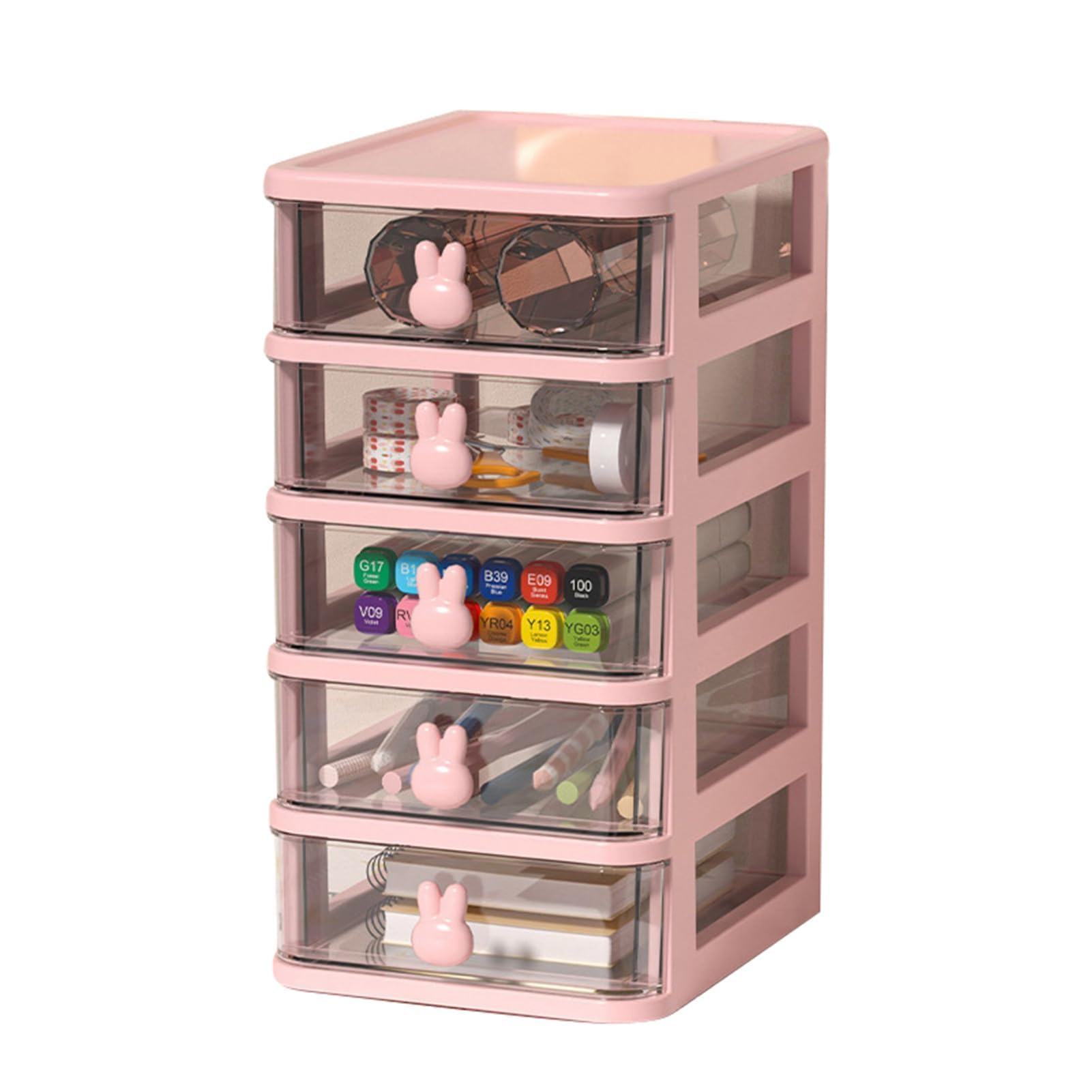 Kleine Schreibtisch-Aufbewahrungsbox, Mehrstöckig, Transparente Schubladen, Organizer, Große Aufbewahrungsschubladen mit Häschengriff für Bürobedarf (Rosa, 5 Etagen (13,4 x 17 x