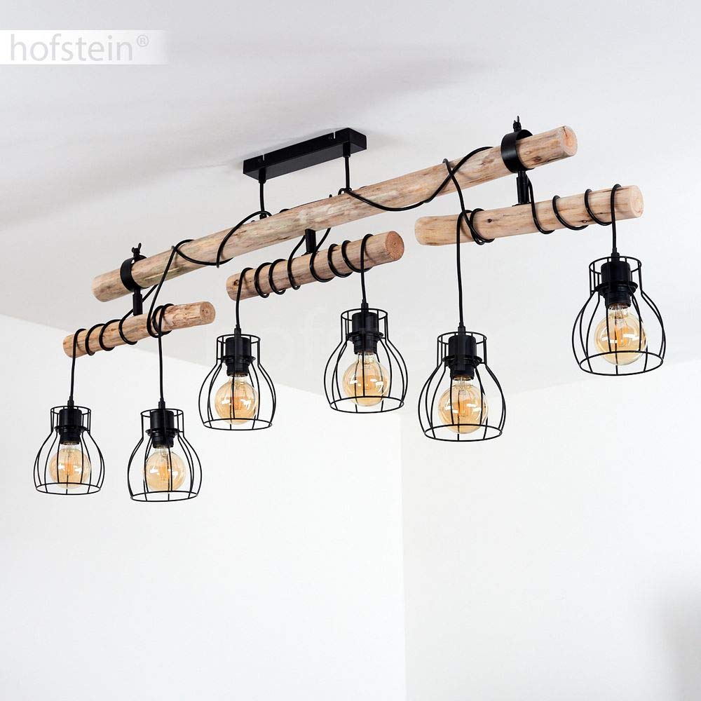 Lampa sufitowa Gondo, 6-lampowa lampa pokojowa z metalu w kolorze czarnym i naturalnego drewna, główki lamp są indywidualnie regulowane, lampa sufitowa w stylu retro/boho, 6 x E27, bez żarówek