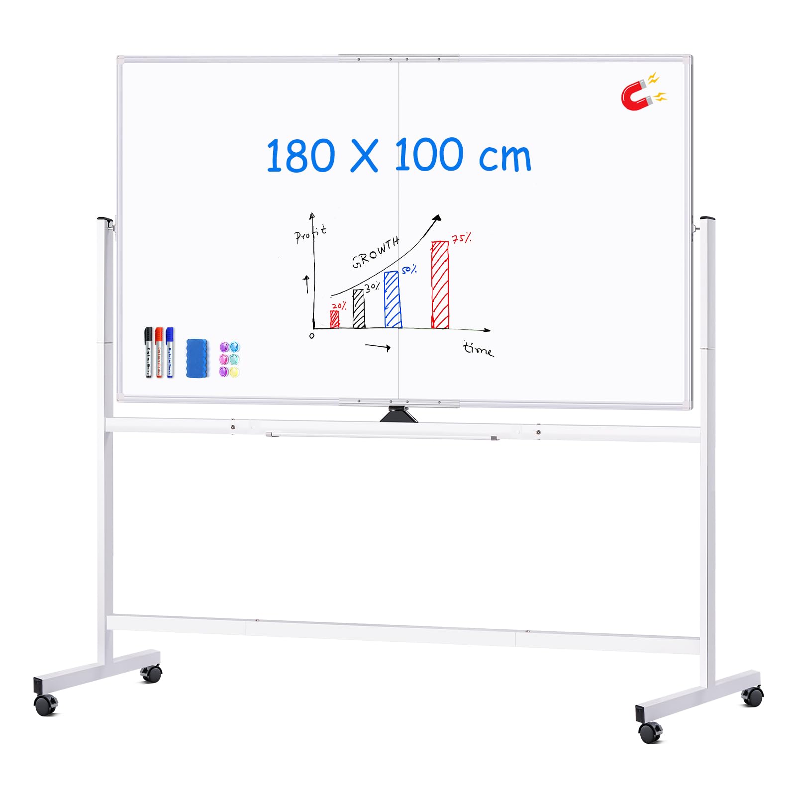 maxtek Lavagna Bianca Mobile con Supporto 180 x 100 cm, Grande Lavagna Cancellabile Magnetica Double Face, Cadre en Aluminium, Capovolgimenti 360° su Ruote, per Casa, Ufficio, Scuola