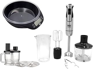 BASS POLSKA Blender ręczny z rozdrabniaczem i wymiennymi nasadkami, blender ręczny, blender ręczny, robot kuchenny, blender ręczny, zestaw akcesoriów + waga BH10111