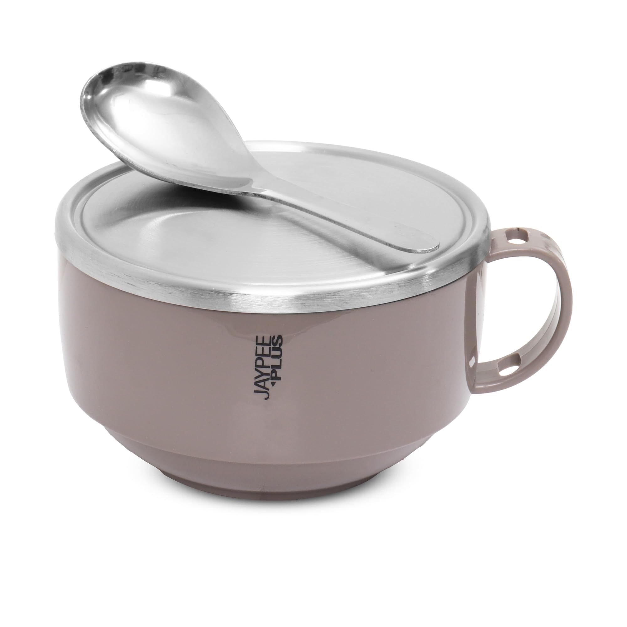 Stainless Steel Solid Soup Container/Bowl with Steel Lid & Steel Spoon with Holder Mirror Grey